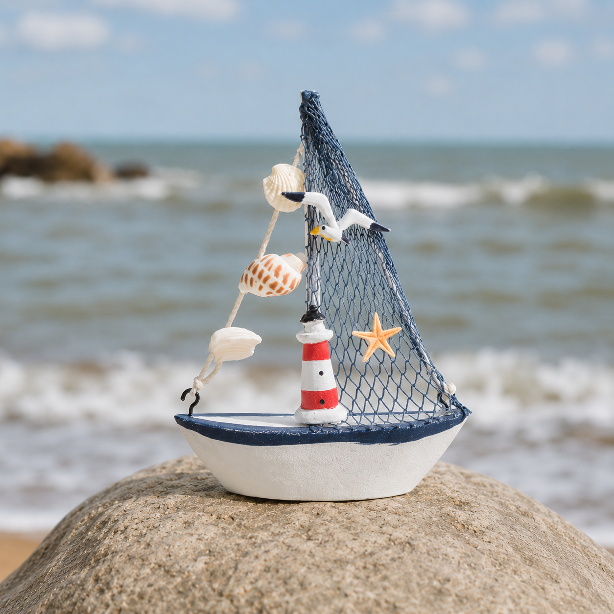 Schiffchen mit rotem Leuchtturm und Möwe
