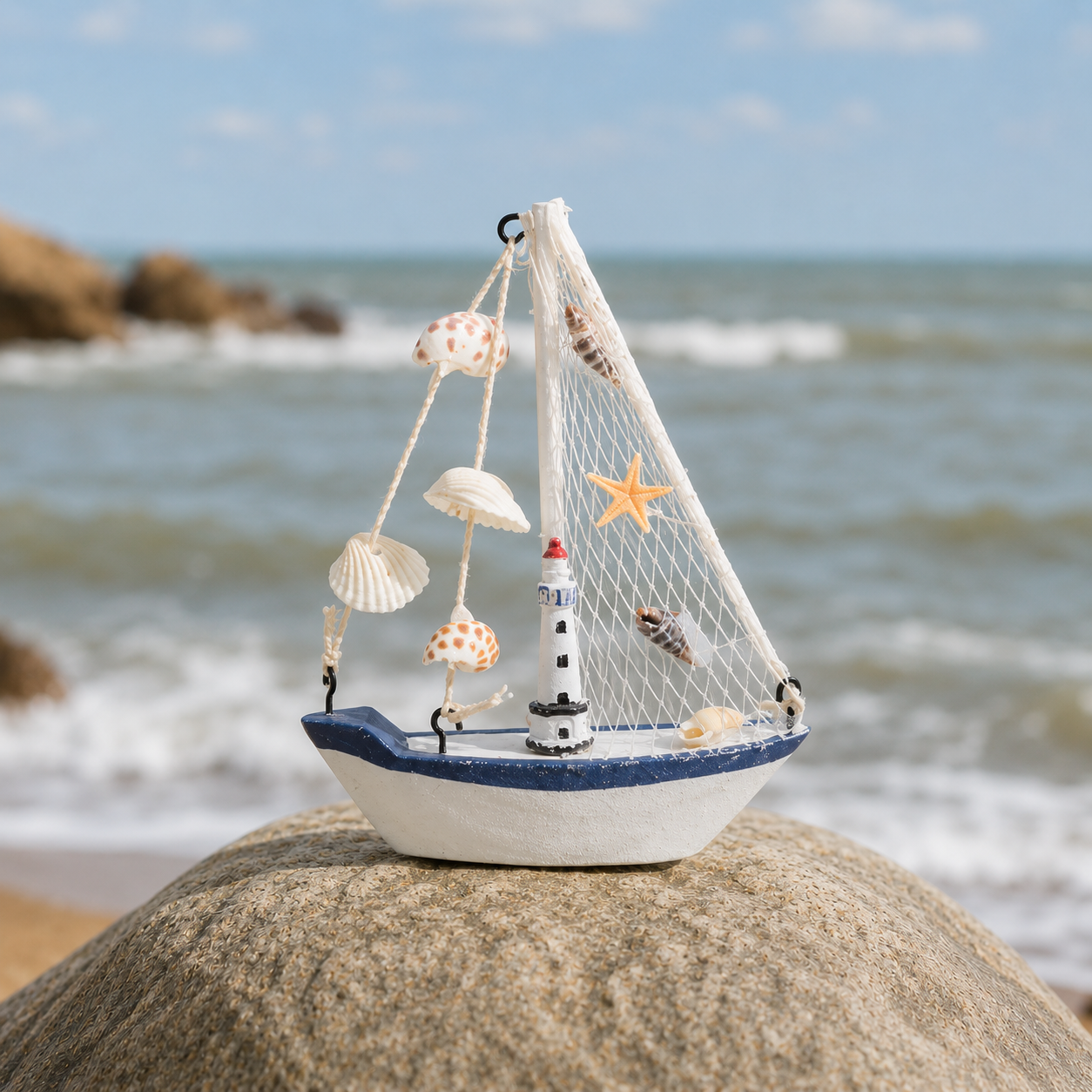 Schiffchen mit weißen Leuchtturm